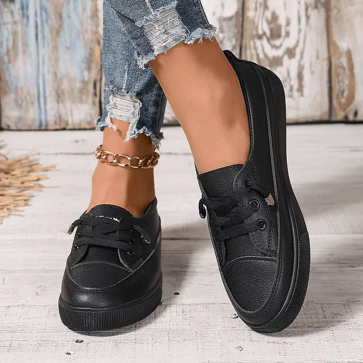 Women's White Lace-Up Flat Shoes - Breathable Soft Insole