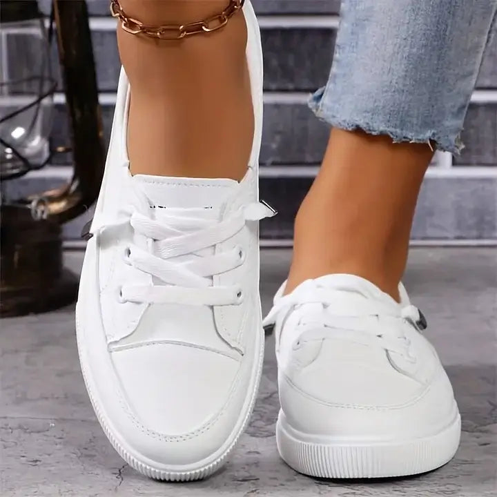 Women's White Lace-Up Flat Shoes - Breathable Soft Insole