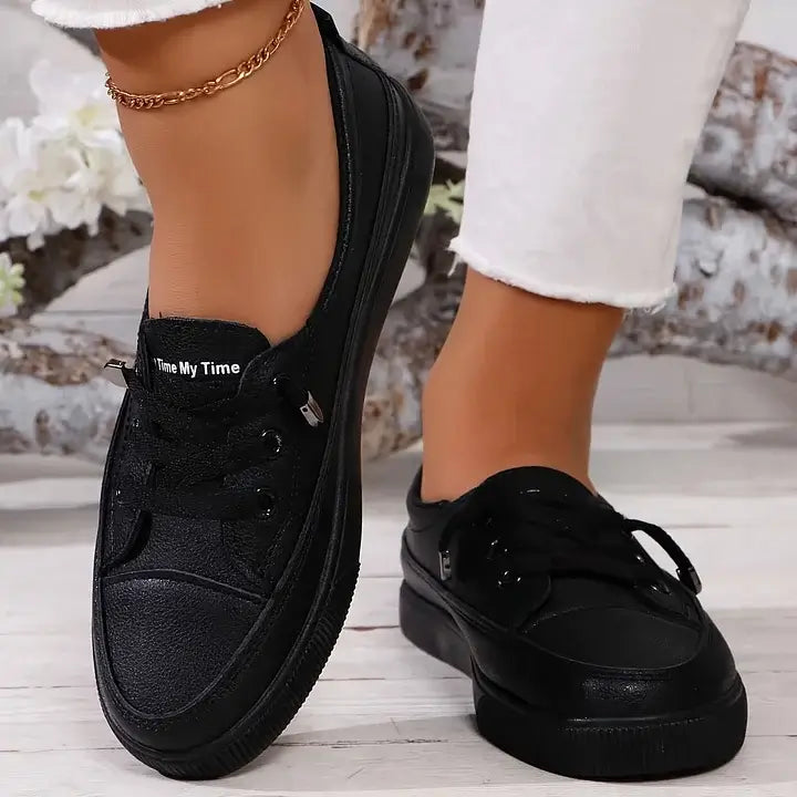 Women's White Lace-Up Flat Shoes - Breathable Soft Insole