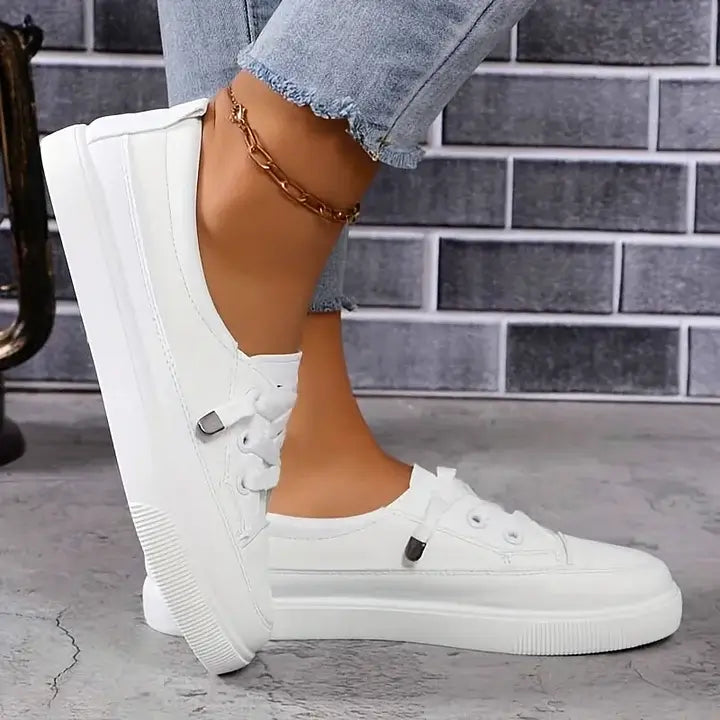 Women's White Lace-Up Flat Shoes - Breathable Soft Insole
