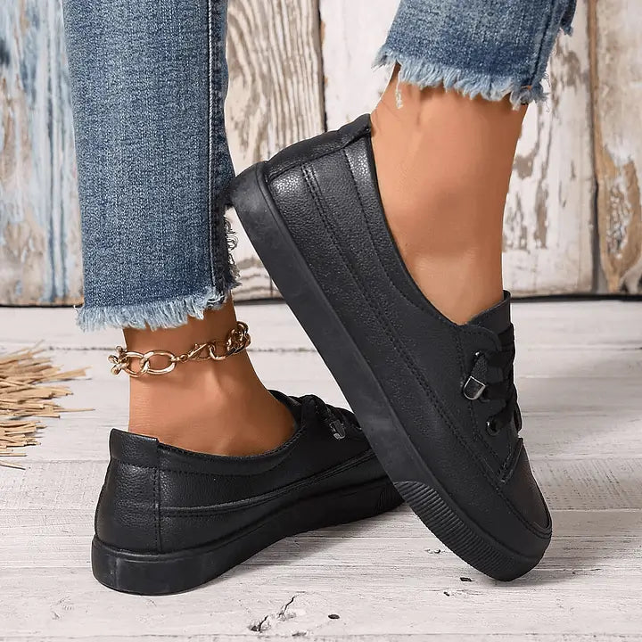 Women's White Lace-Up Flat Shoes - Breathable Soft Insole