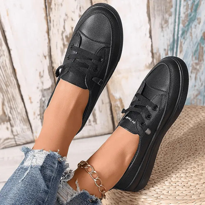 Women's White Lace-Up Flat Shoes - Breathable Soft Insole