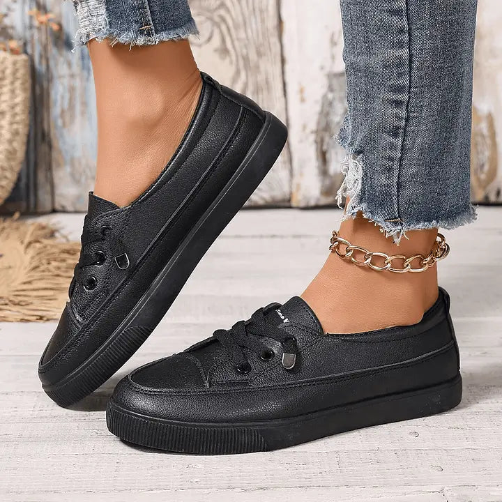 Women's White Lace-Up Flat Shoes - Breathable Soft Insole