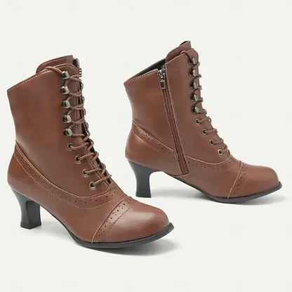 Women's Victorian Brown Lace-Up Mid-Heel Boots with Zipper