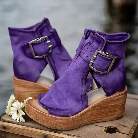 Buckle Wedge High Heel Solid Peep Open Toe Casual Sandals