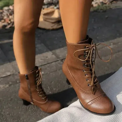 Women's Victorian Brown Lace-Up Mid-Heel Boots with Zipper