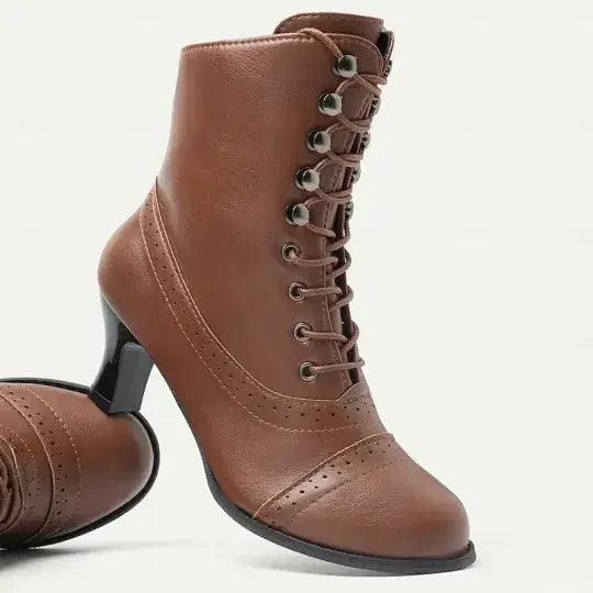 Women's Victorian Brown Lace-Up Mid-Heel Boots with Zipper