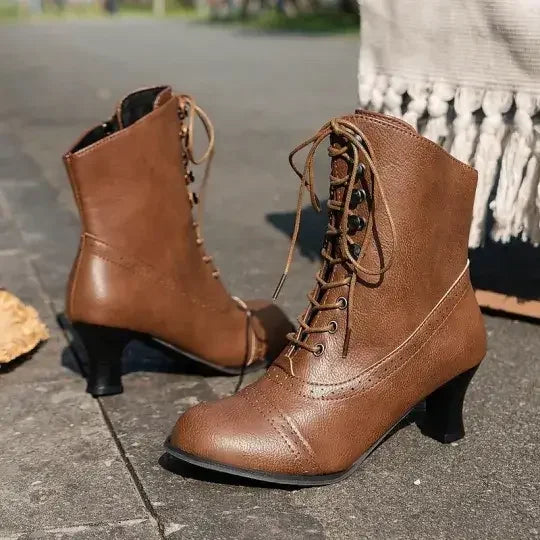 Women's Victorian Brown Lace-Up Mid-Heel Boots with Zipper