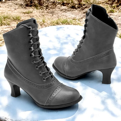 Women's Victorian Brown Lace-Up Mid-Heel Boots with Zipper