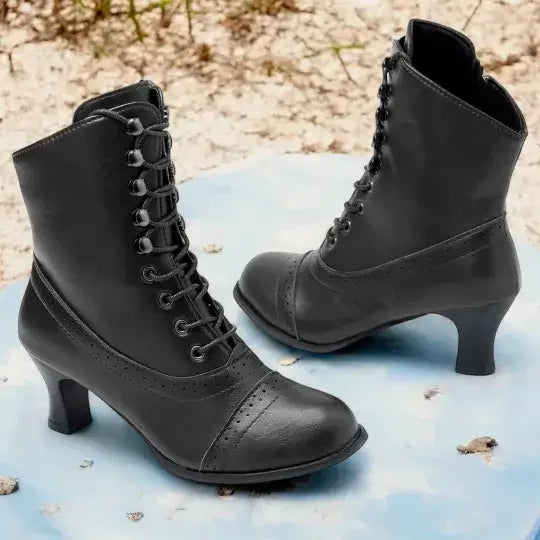 Women's Victorian Brown Lace-Up Mid-Heel Boots with Zipper