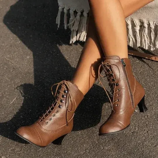 Women's Victorian Brown Lace-Up Mid-Heel Boots with Zipper