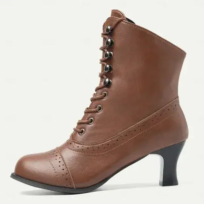 Women's Victorian Brown Lace-Up Mid-Heel Boots with Zipper