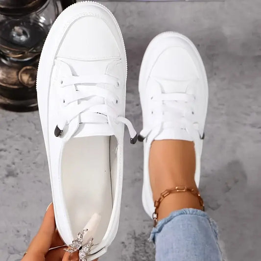 Women's White Lace-Up Flat Shoes - Breathable Soft Insole