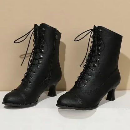 Women's Victorian Brown Lace-Up Mid-Heel Boots with Zipper
